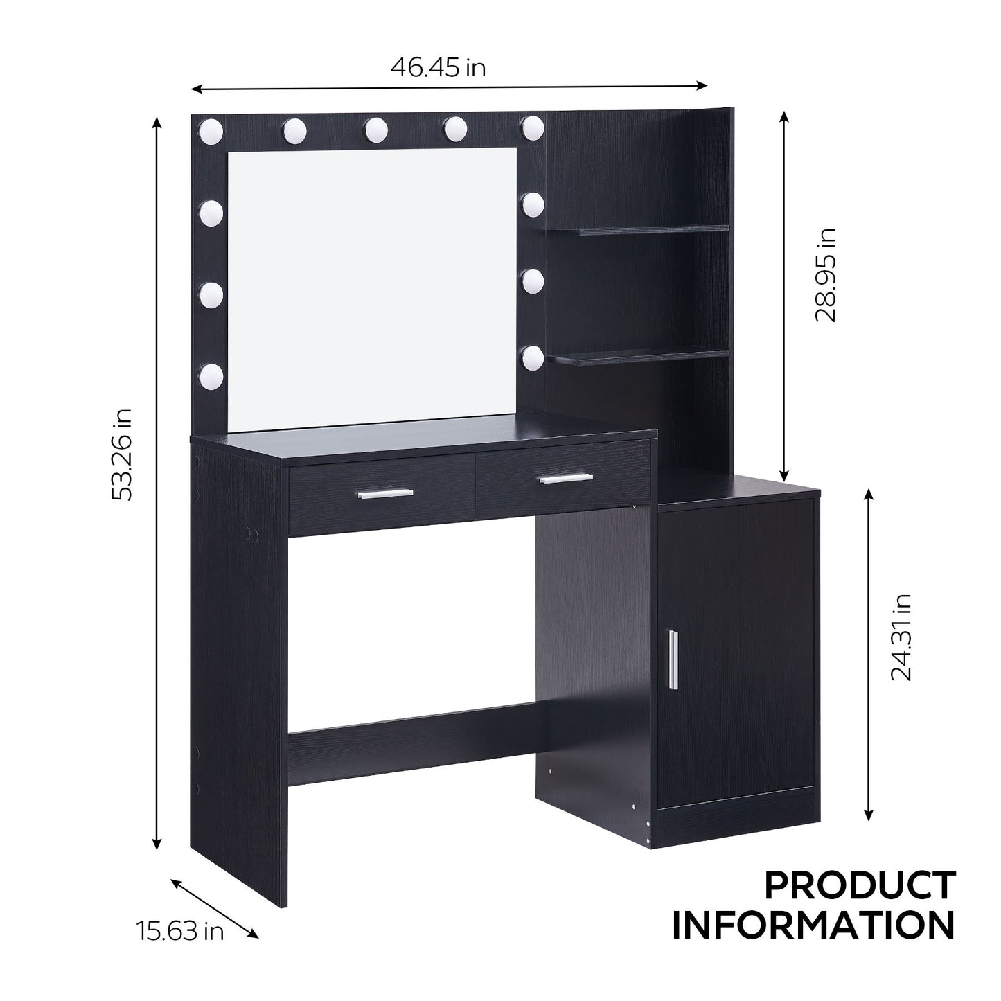 Vanity Desk With Mirror And Lights, 46.4In Dressing Table With 2 Large Drawer & Large Vertical Organizer, 3 Level Dresser & 3 Lighting Modes Adjustable Brightness, Suitable For Bedroom - Black