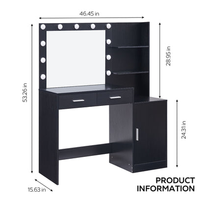 Vanity Desk With Mirror And Lights, 46.4In Dressing Table With 2 Large Drawer & Large Vertical Organizer, 3 Level Dresser & 3 Lighting Modes Adjustable Brightness, Suitable For Bedroom - Black