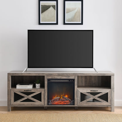 Industrial Farmhouse Metal Mesh Drop Down X Door 70" Fireplace TV Stand For 80" TVs - Gray Wash