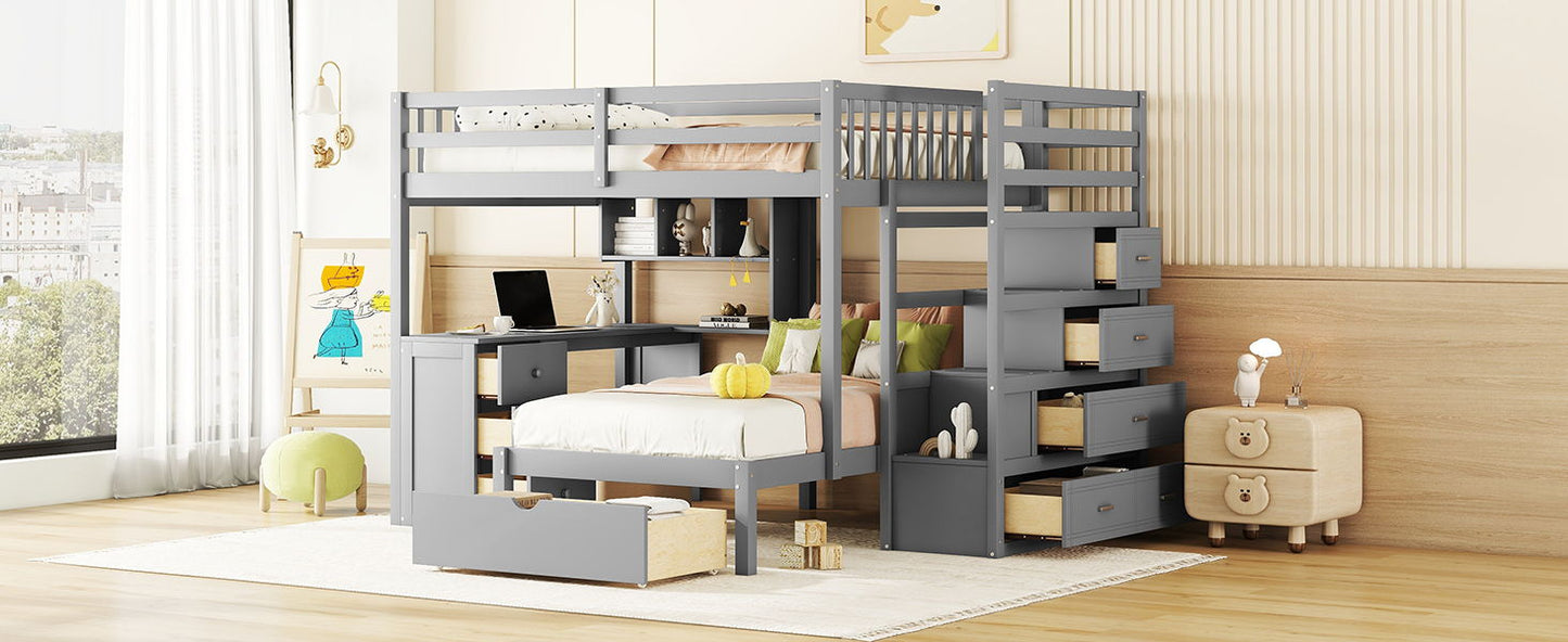 Full Over Twin Bunk Bed With Desk, Drawers And Shelves - Gray