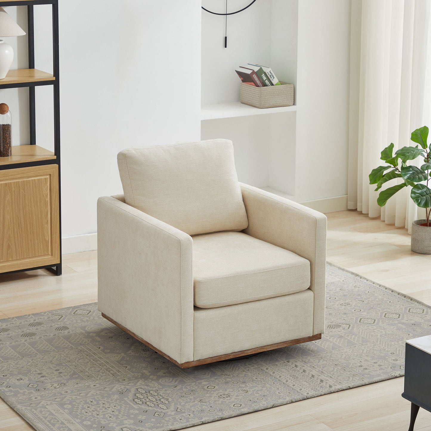 Square Upholstered Swivel Accent Chair With 360 Degree Rotation - Beige