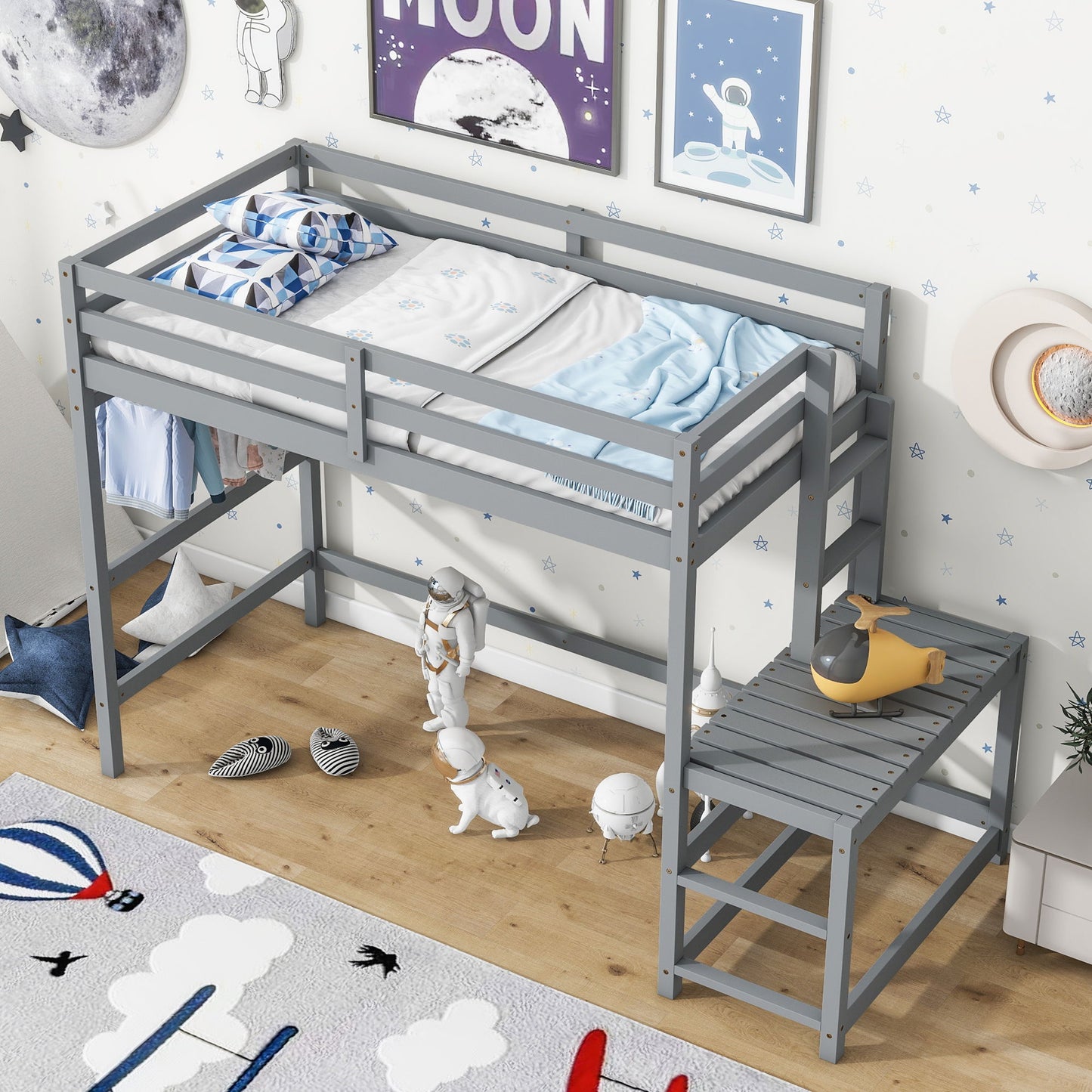 Twin Size High Loft Bed With Ladder Landing Platform, Ladders, Guardrails - Gray