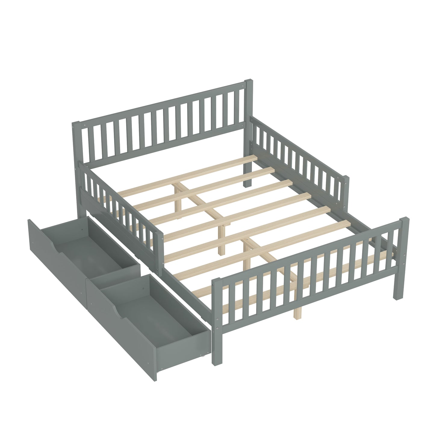 Full Size Platform Bed With Guardrails On Both Sides And 2 Storage Drawers - Gray