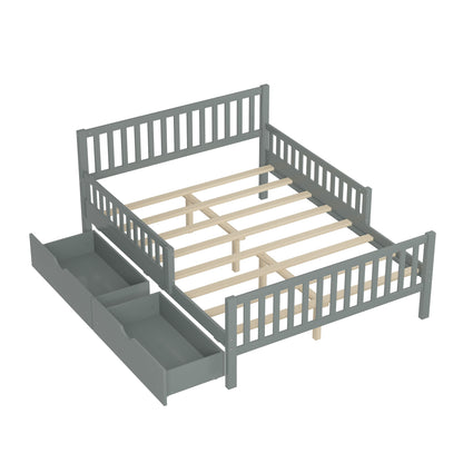 Full Size Platform Bed With Guardrails On Both Sides And 2 Storage Drawers - Gray