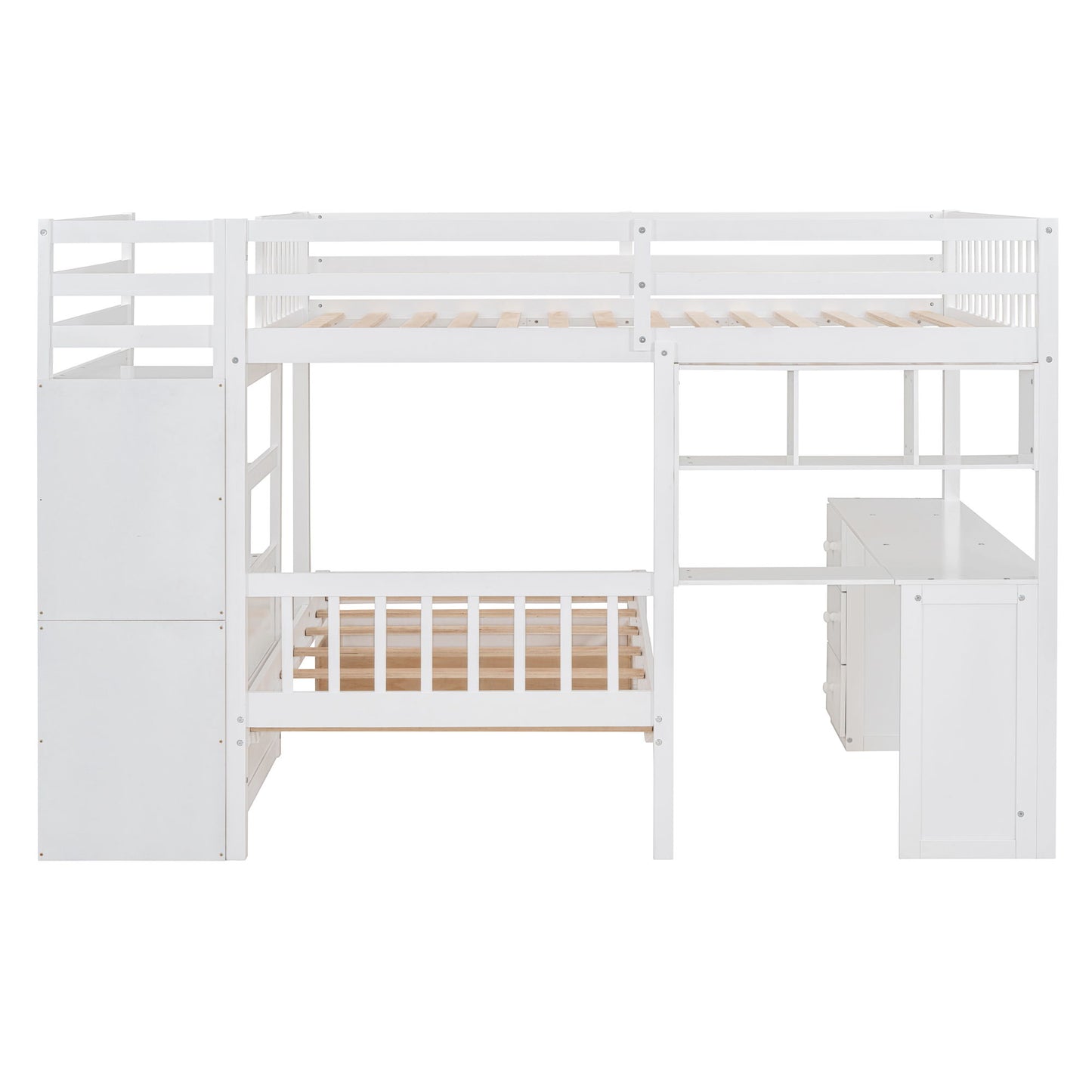 Full Over Twin Bunk Bed With Desk, Drawers And Shelves - White