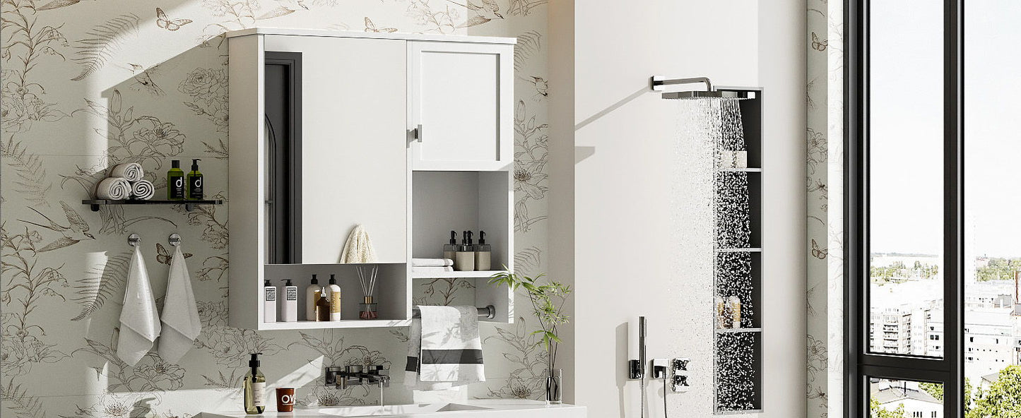 Modern Wall Mounted Bathroom Medicine Cabinet, Bathroom Wall Storage Cabinet With Mirror, Over The Toilet Space Saver Cabinet With Towels Bar - White