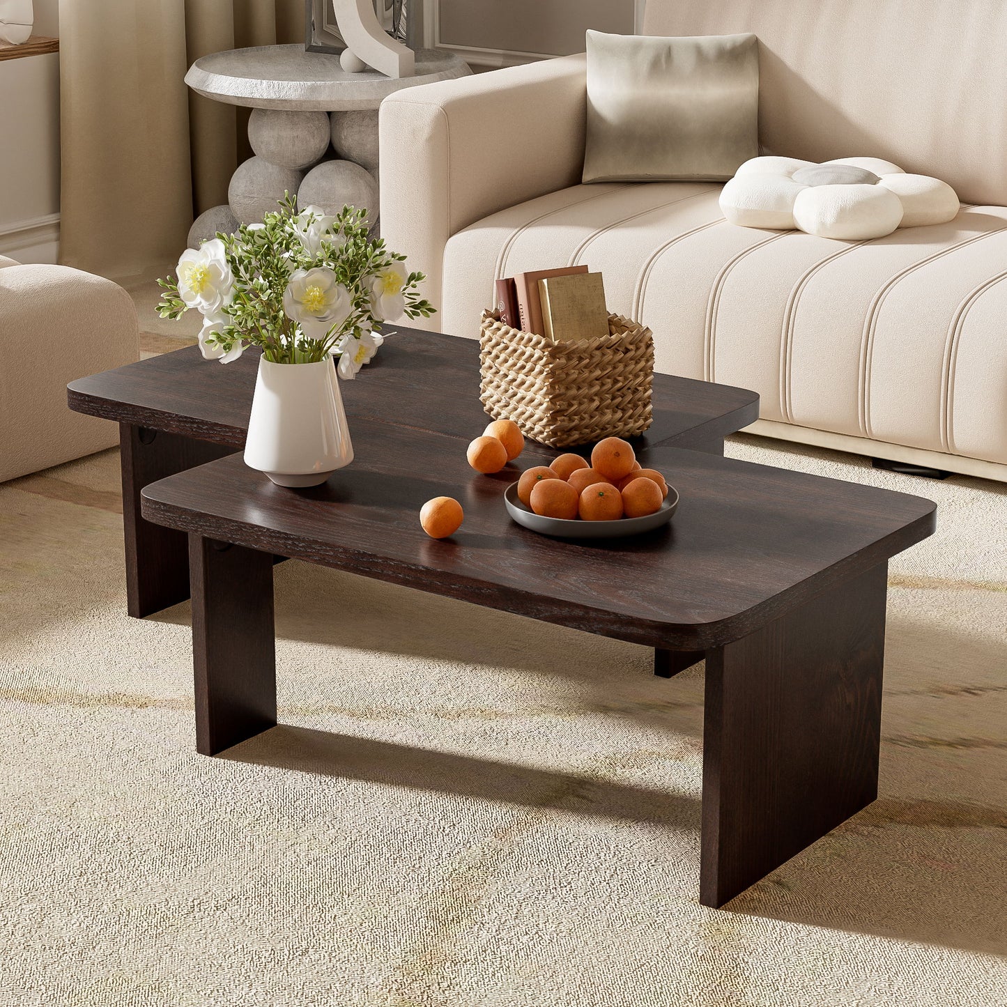 Modern Minimalist Coffee Table Set, Rectangle Coffee Table With Splicing Design, Multifunctional Combination Table For Living Room - Espresso