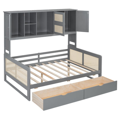 Full Size Wooden Daybed With 2 Drawers, And All In One Cabinet And Shelf - Gray