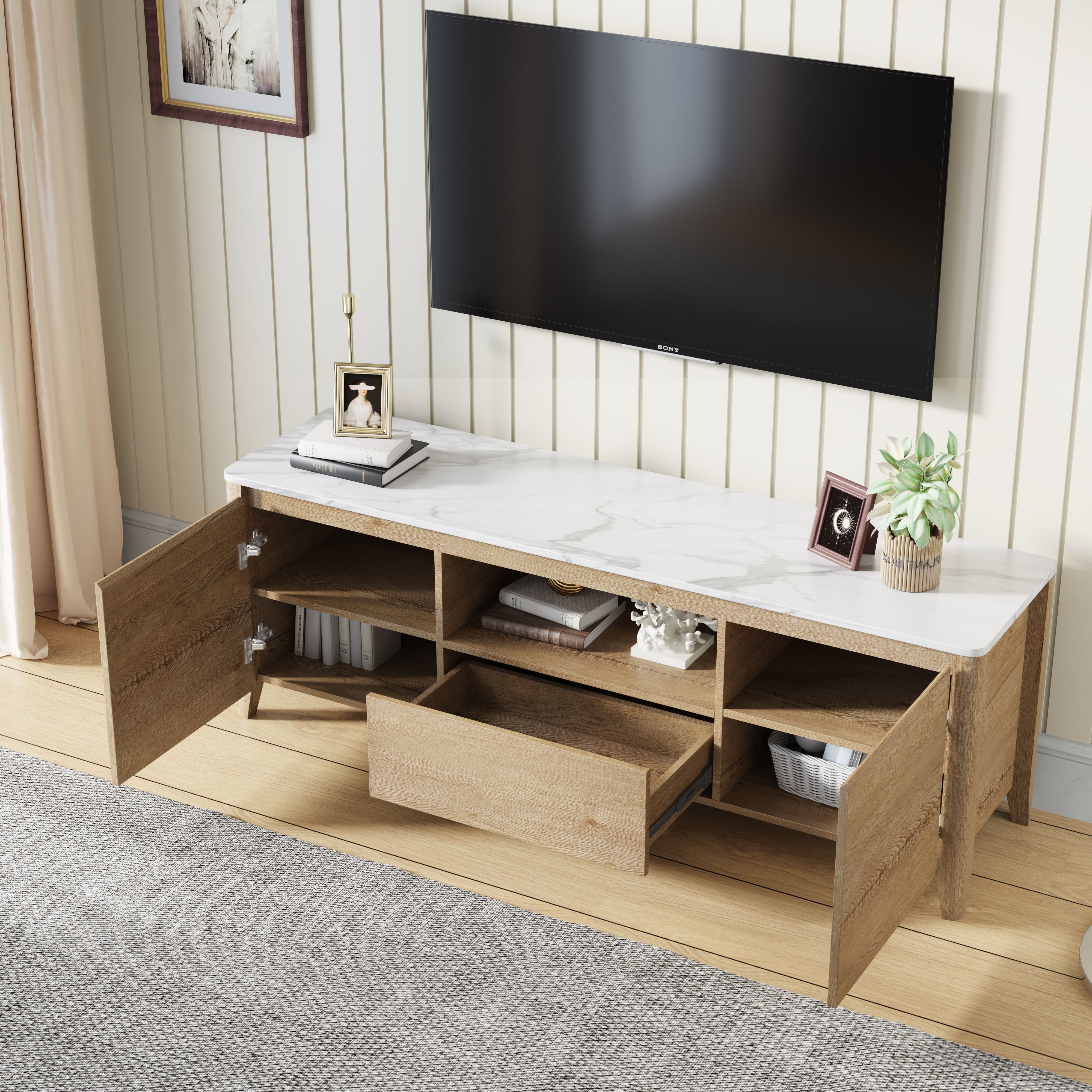 Modern TV Stand With LED Lights Entertainment Center TV Cabinet With Storage For Up To 80