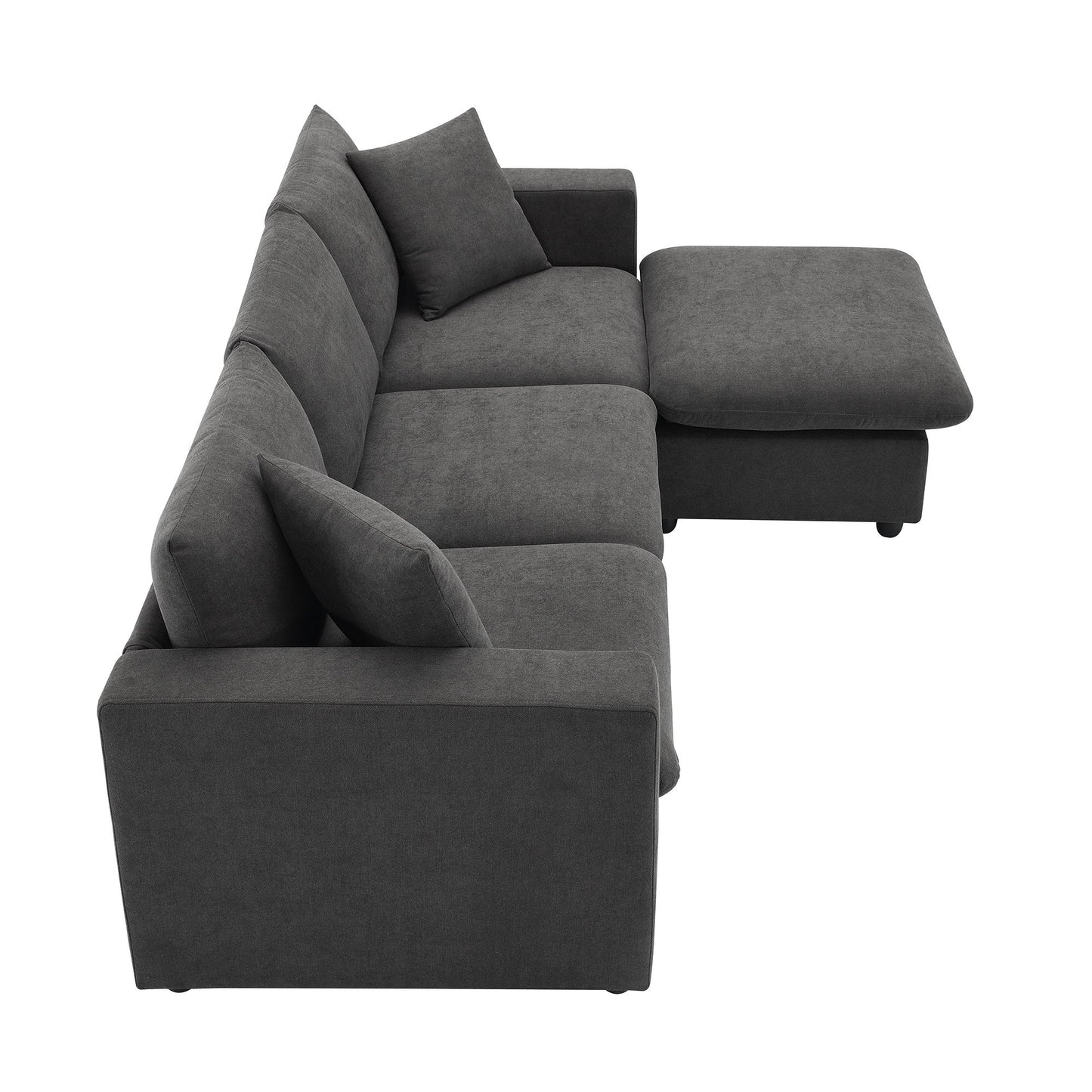 Modern Sectional Sofa, L-Shaped Couch Set With 2 Free Pillows, 4 Seat Polyester Fabric Couch Set With Convertible Ottoman - Dawn Gray