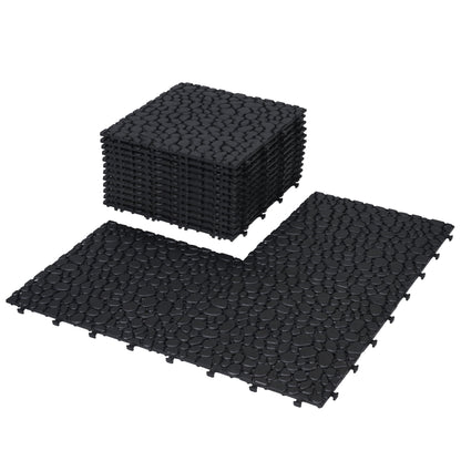 Interlocking Deck Tiles Plastic Waterproof Outdoor All Weather Anti-Slip Bathroom Shower Balcony Porch Strong Weight Capacity Upto 440 Lbs, Pebble Stone Pattern Pack Of 12 - Black