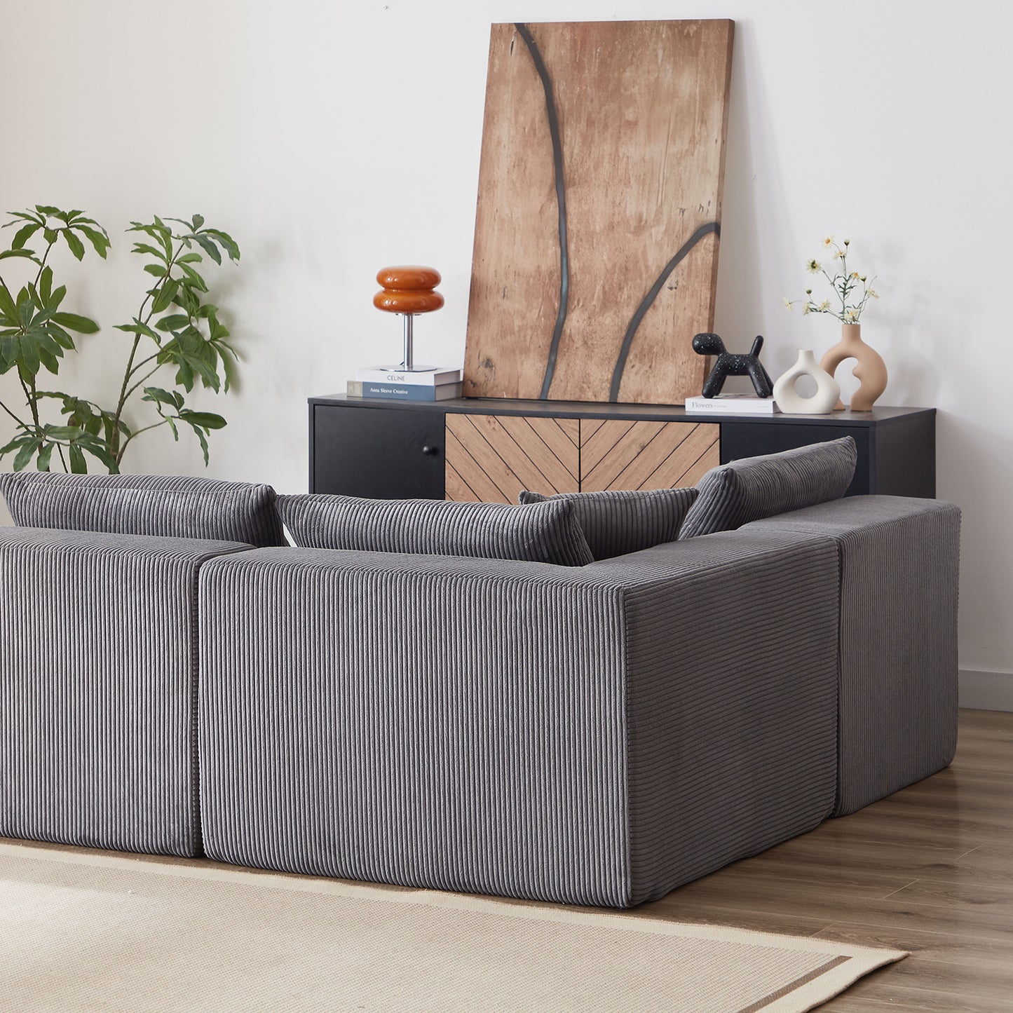 Corduroy Modular L Shaped Sectional Sofa, Luxury Floor Couch Set, 4 Piece Free Combination - Gray