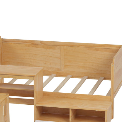 Twin Size Daybed With Storage Shelves And Lockers, Multi Functional Bed With Study Desk And Matching Stool - Natural