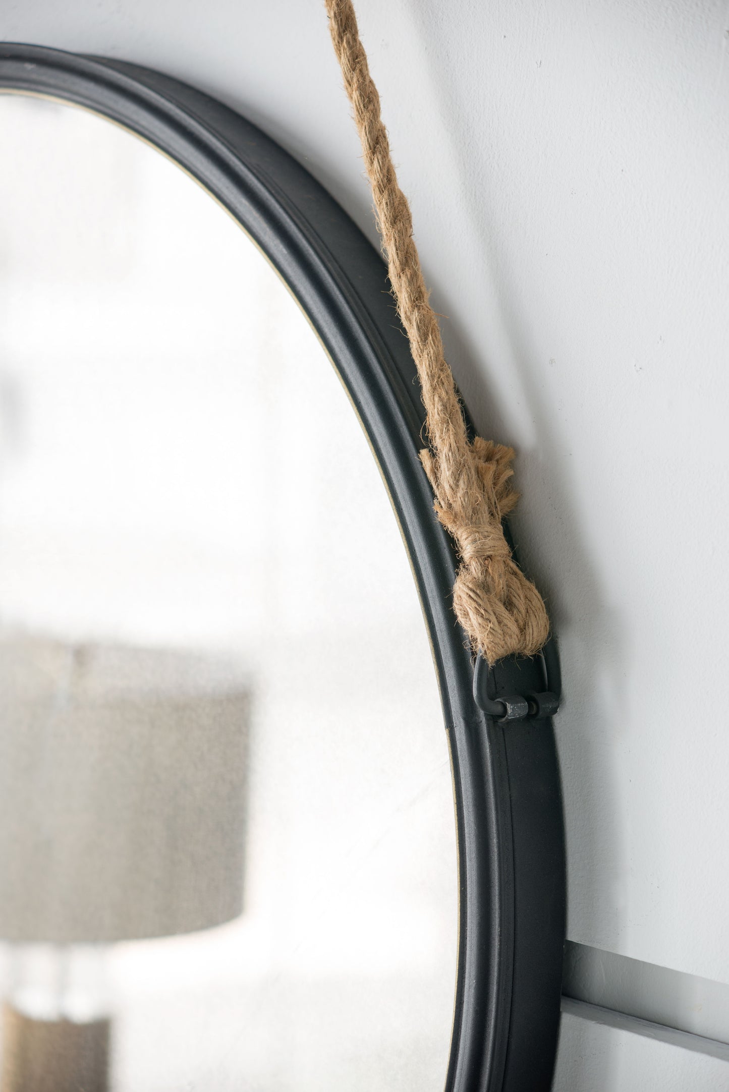 On Trend Hanging Round Mirror With Framed And With Rope Strap Contemporary Industrial Decor For Bathroom - Black