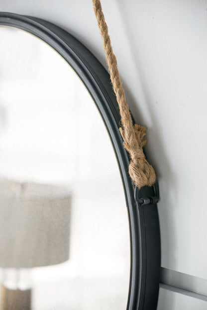 On Trend Hanging Round Mirror With Framed And With Rope Strap Contemporary Industrial Decor For Bathroom - Black