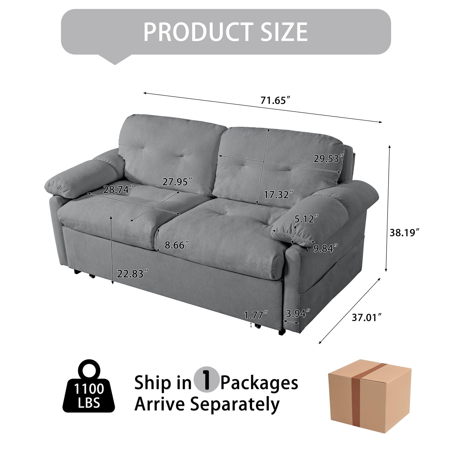 Modern Convertible Sleeper Sofa Bed With Pull Out Queen Design, Side Storage & Thick Cushions Chenille Loveseat For Living Room Or Bedroom 3 In 1 Function - Gray