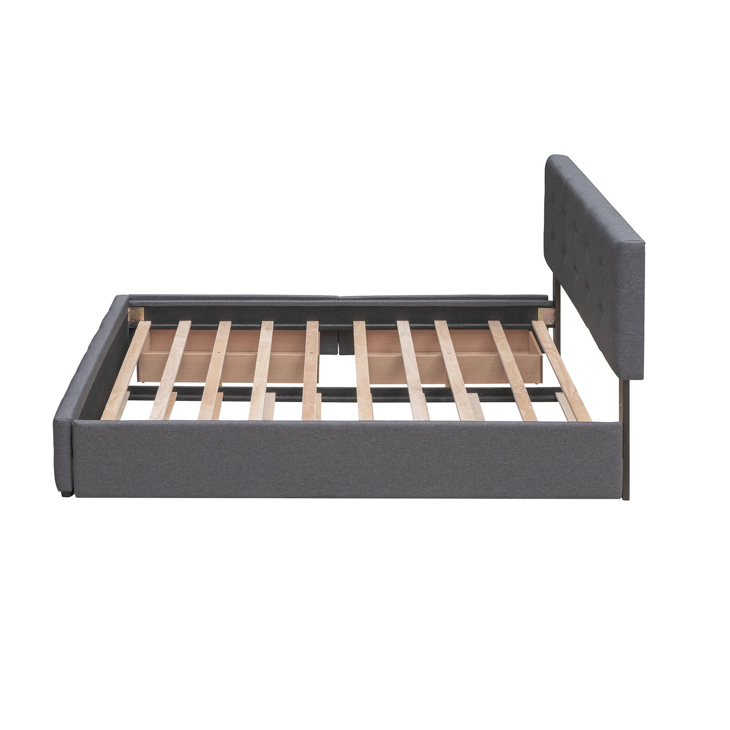Queen Size Upholstered Platform Bed With 2 Drawers And 1 Twin Long Trundle - Dark Gray