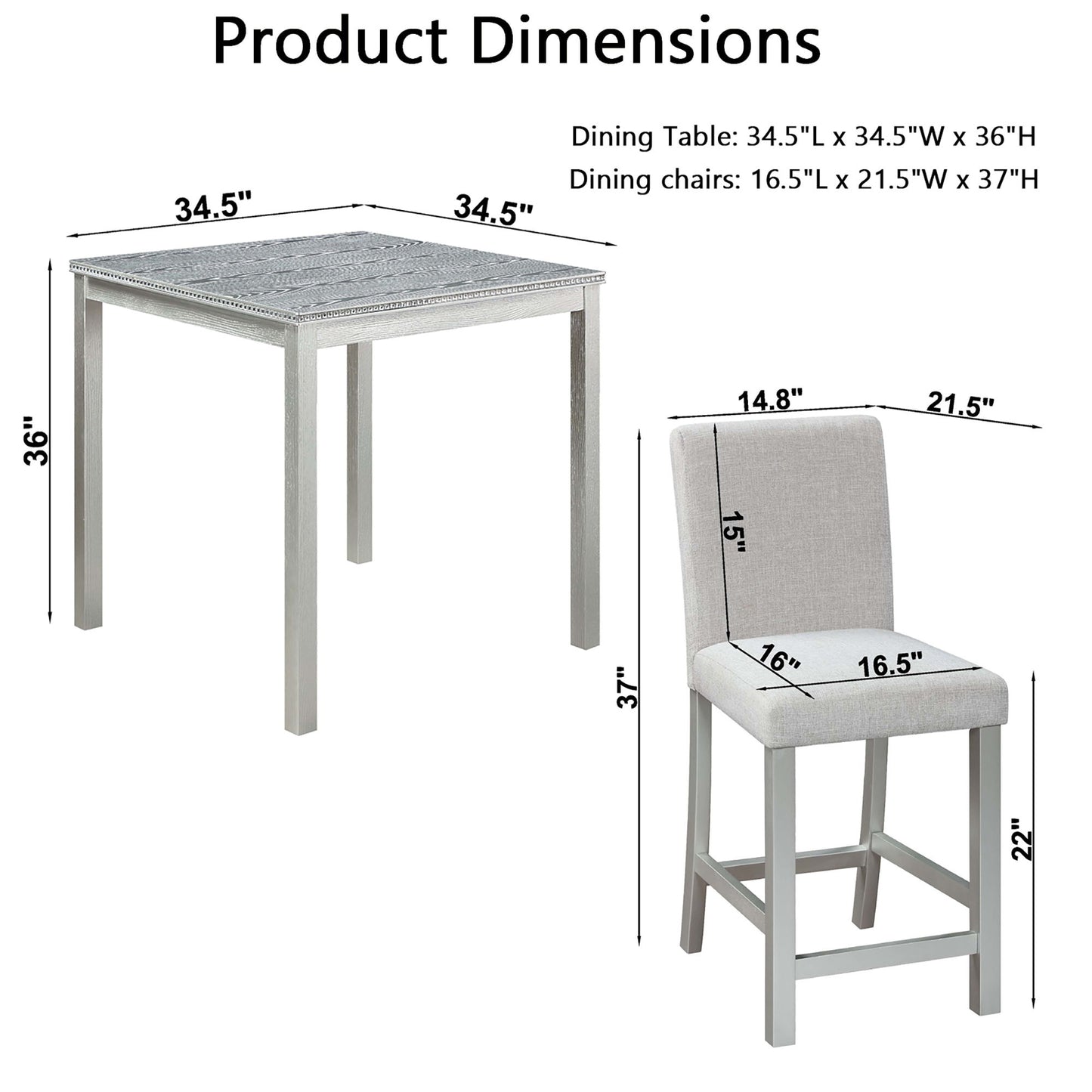5 Piece Counter Height Table Set, Wooden Kitchen Table Set With Square Table And 4 Upholstered Chairs, Counter Height Dining Table With Crystal Decoration And Chair Set - Silver Gray