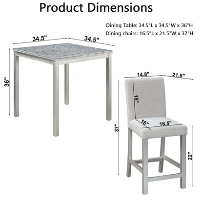 5 Piece Counter Height Table Set, Wooden Kitchen Table Set With Square Table And 4 Upholstered Chairs, Counter Height Dining Table With Crystal Decoration And Chair Set - Silver Gray