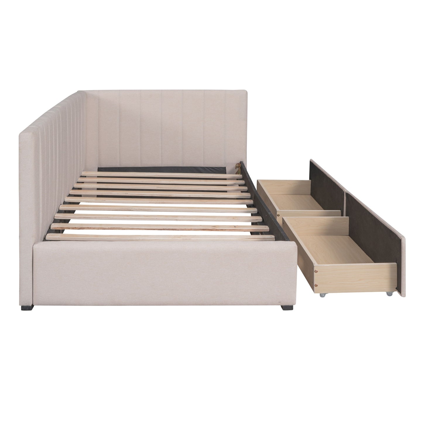 Twin Size Upholstered Daybed With 2 Storage Drawers, Sofa Bed Frame No Box Spring Needed - Beige
