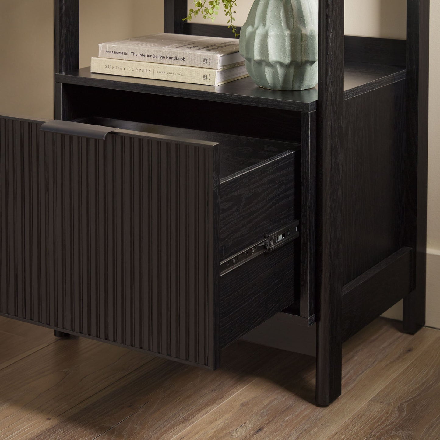 Transitional Narrow Bookshelf With Drawer On Bottom - Black