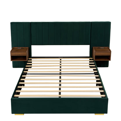 Upholstered Queen Size Bed Frame Of Velvet Tufted Headboard With Floating Nightstand LED / USB Built - Green