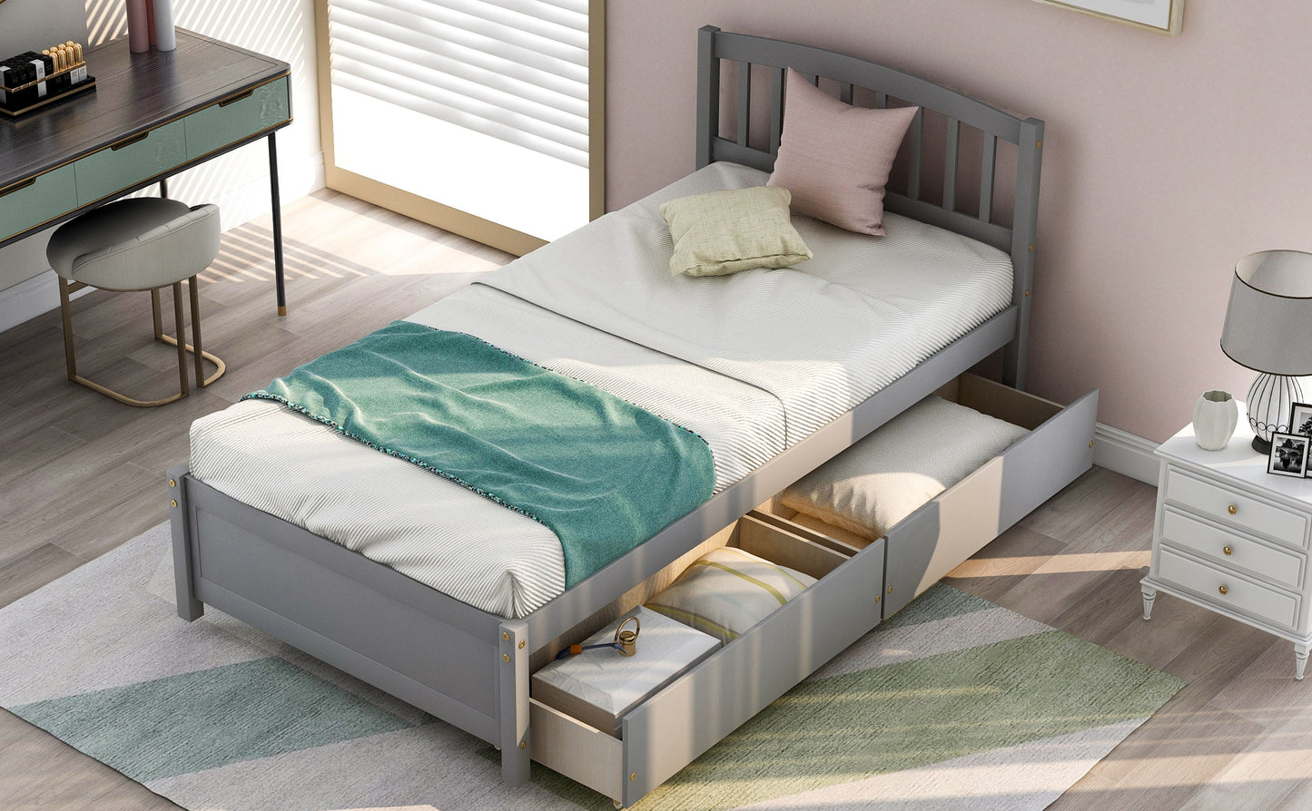 Twin Platform Storage Bed Frame With Two Drawers And Headboard - Gray