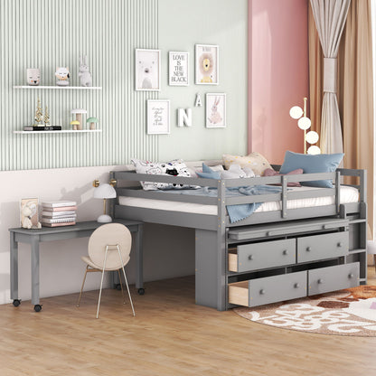 Full Size Loft Bed With Retractable Writing Desk And 4 Drawers, With Lateral Portable Desk And Shelves - Gray