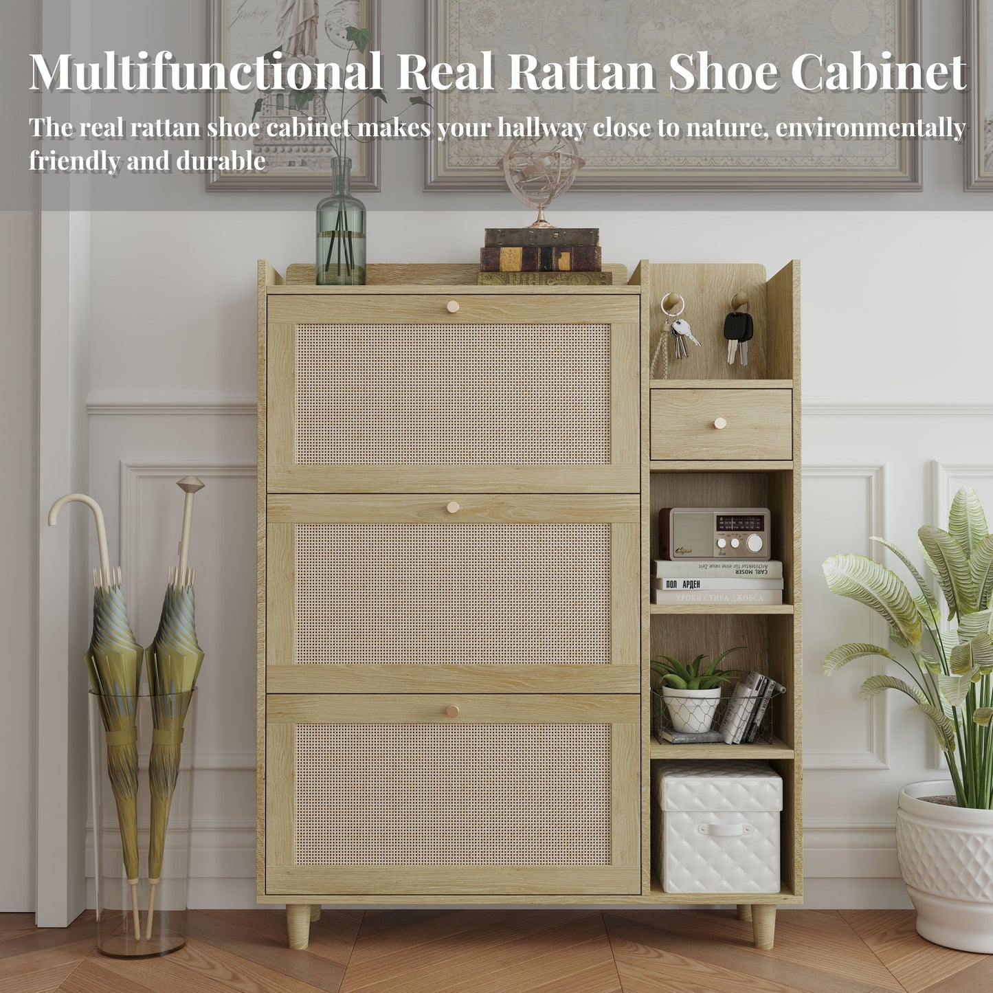 Natural Bohemia Style Shoe Cabinet, Shoe Rack Cabinet With 3 Rattan Flip Drawers, 3 Square Shelves And 1 Storage Drawer, Shoe Organizer With Mulit Storage Space And Hooks For Hallway, Entryway - Natural