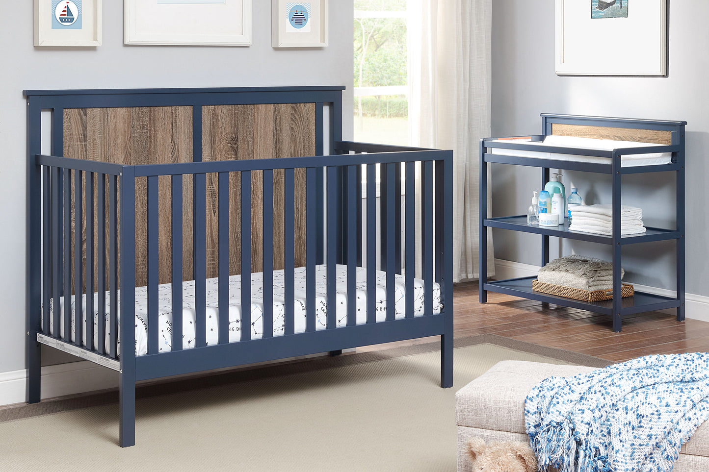 Connelly - 4 In 1 Convertible Crib - Midnight Blue / Vintage Walnut