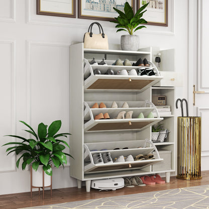 Natural Bohemia Style Shoe Cabinet, Shoe Rack Cabinet With 3 Rattan Flip Drawers, 3 Square Shelves And 1 Storage Drawer, Shoe Organizer With Mulit Storage Space And Hooks For Hallway, Entryway - White