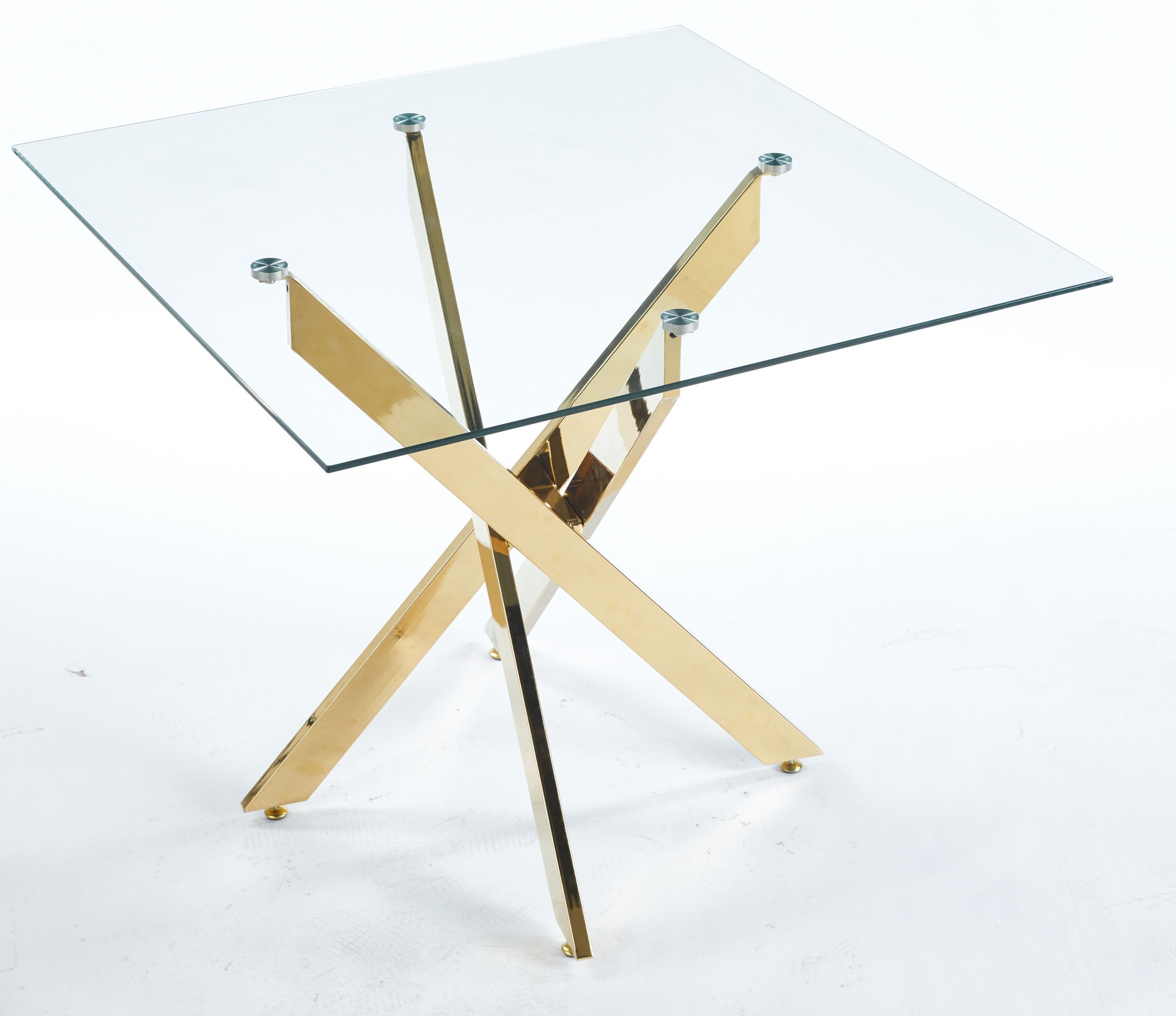 Dining Table With Cross Metal Leg And Tempered Glass, Modern Space Saving Kitchen Table For Living Room, Chrome Legs, Square Table - Golden