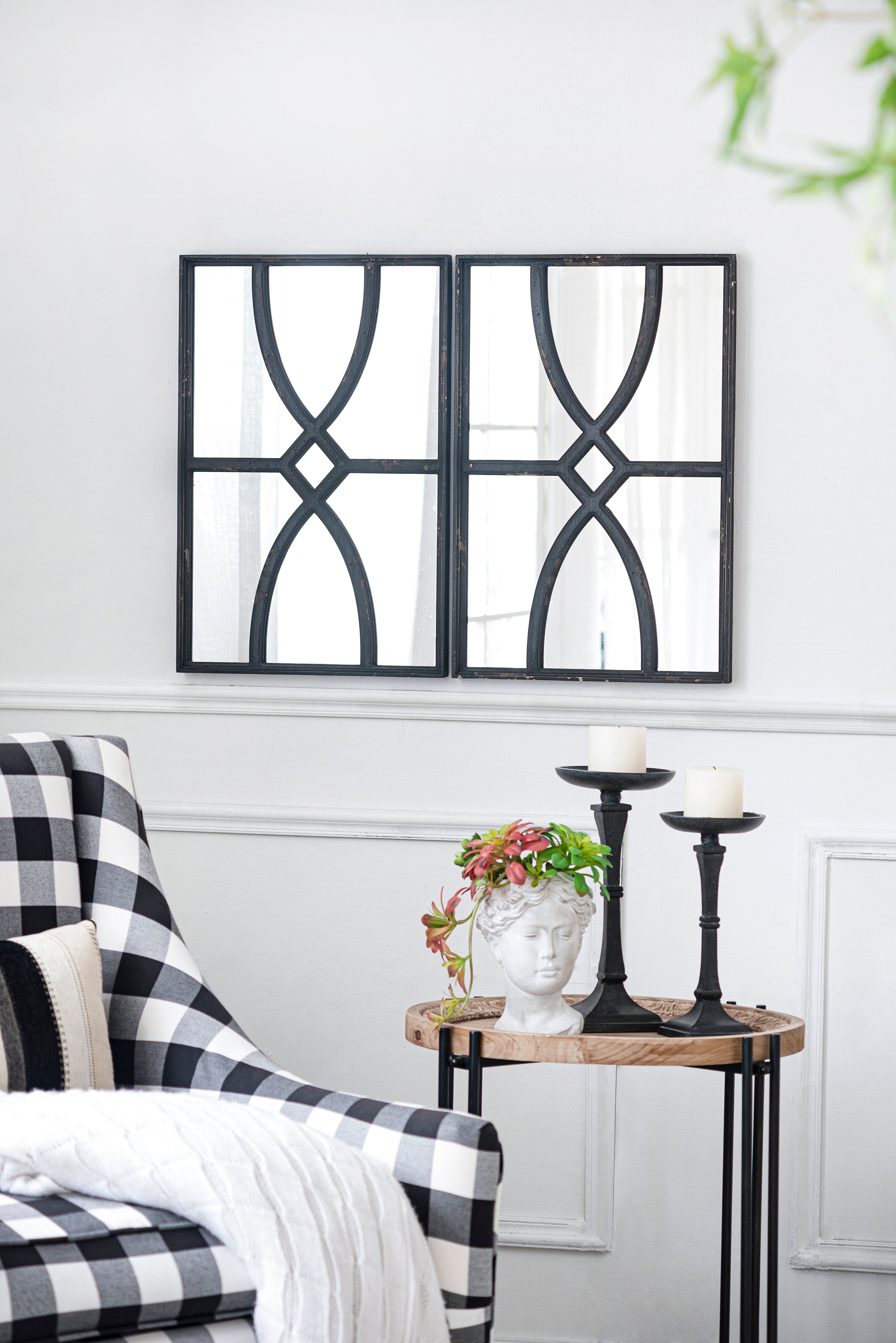 Rectangular Wooden Wall Mirror With Antique Frame, Vertical Or Horizontal Home Decor For Living Room (Set of 2) - Black
