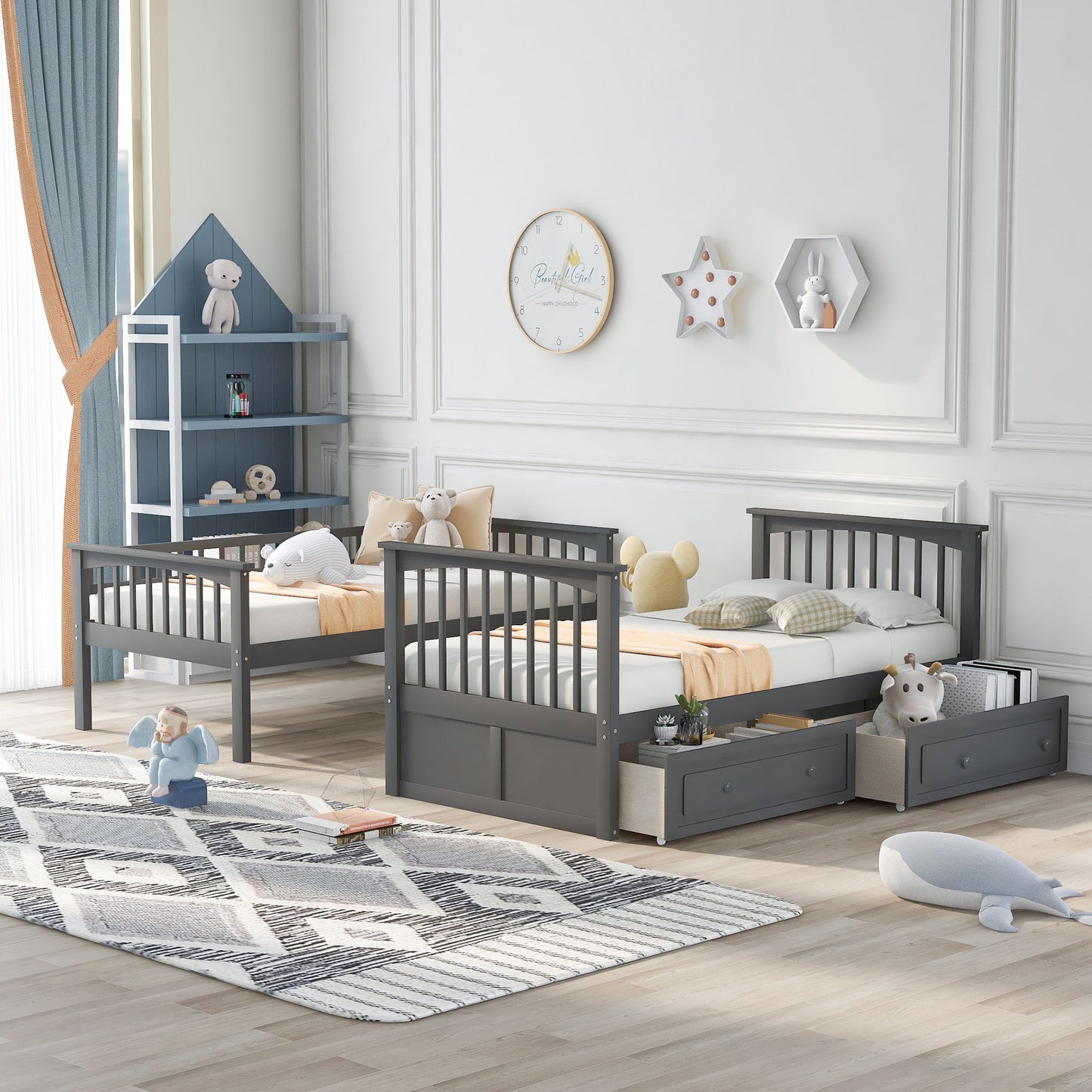 Twin Over Twin Bunk Bed With Drawers, Convertible Beds - Gray