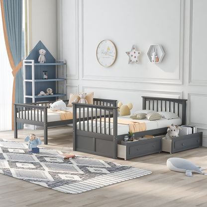 Twin Over Twin Bunk Bed With Drawers, Convertible Beds - Gray