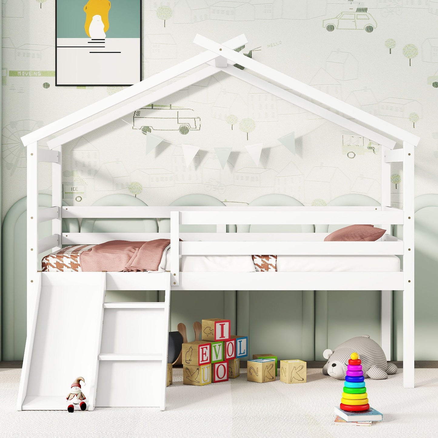 Twin Low Loft House Bed With Slide, Ladder, Safety Guardrails, House Roof Frame - White