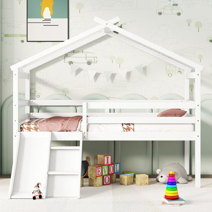 Twin Low Loft House Bed With Slide, Ladder, Safety Guardrails, House Roof Frame - White