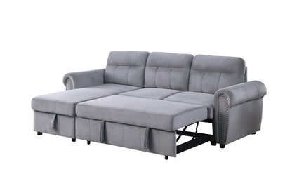 Ashton - Velvet Fabric Reversible Sleeper Sectional Sofa Chaise - Gray
