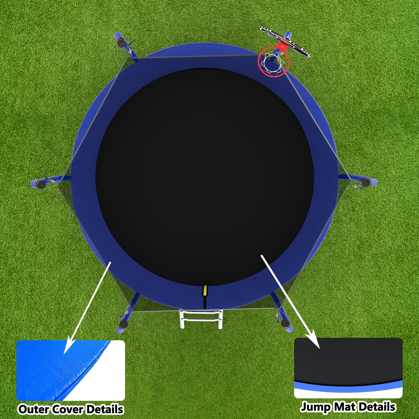 8Ft Trampoline With Basketball Hoop, Astm Approved Reinforced Type Outdoor Trampoline With Enclosure Net - Blue