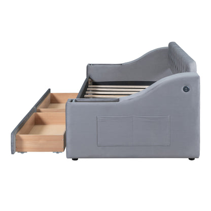 Twin Size Upholstered Daybed With Storage Armrests And USB Port - Gray