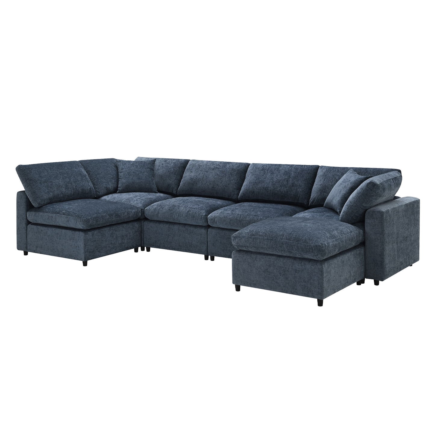 Modern Modular Cloud Sofa Bed, 6 Seat Chenille Sectional Couch Set With Ottoman, Free Combination, Convertible U Shaped Sleeper Sofa - Dark Blue