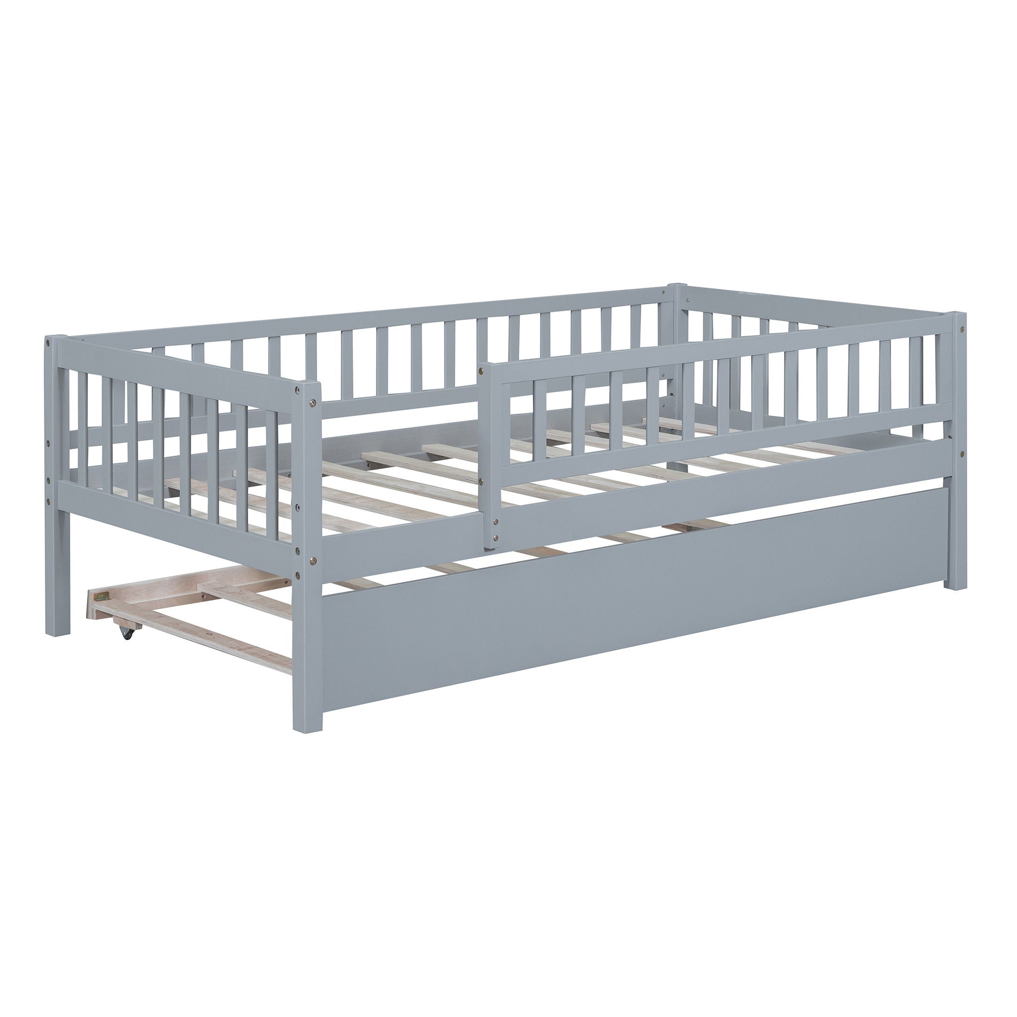 Twin Size Daybed With Trundle And Fence Guardrails - Gray