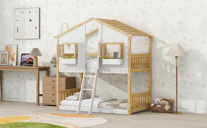 Twin Over Twin House Bunk Bed With Roof, Window, Window Box, Door, With Safety Guardrails And Ladder - Natural / White