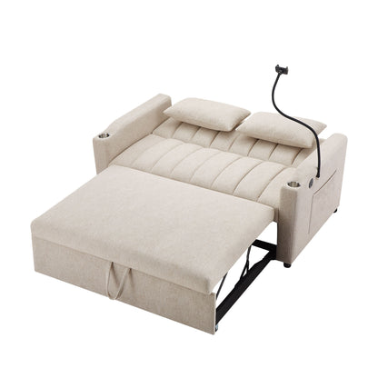 Convertible Sofa Bed Loveseat Sofa With Three USB Ports, Two Side Pockets, Two Cup Holders And 360ÔøΩÔøΩÔøΩÔøΩÔøΩÔøΩÔøΩÔøΩÔøΩÔøΩÔøΩÔøΩÔøΩÔøΩÔøΩÔøΩÔøΩÔøΩÔøΩÔøΩÔøΩÔøΩÔøΩÔøΩÔøΩÔøΩÔøΩÔøΩÔøΩÔøΩÔøΩÔøΩÔøΩ swivel Phone Holder For Living Room - Beige