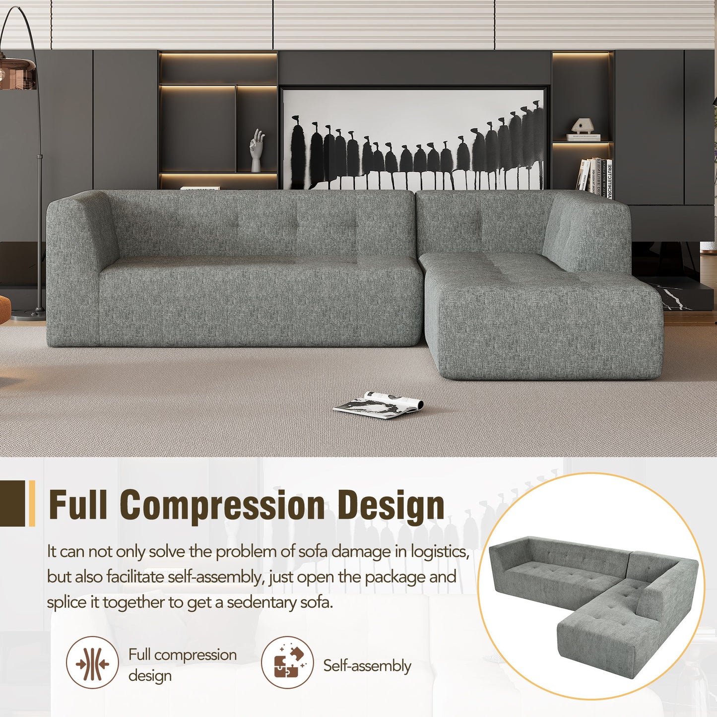 Modular Combination Sofa Set, Modern Minimalist Sofa, Living Room Upholstered Sofa Bed, Bedroom, 2 Pieces Computer Free Combination, L - Shaped - Light Gray