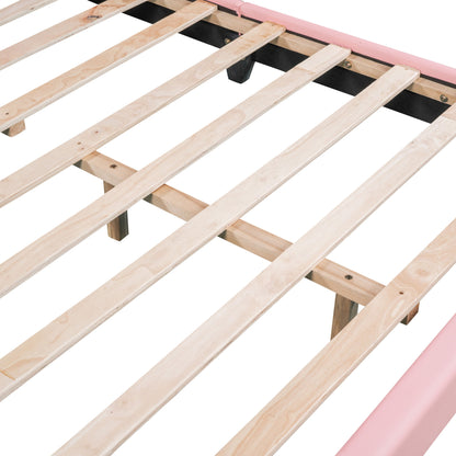 Full Size Upholstered Leather Platform Bed With Rabbit Ornament, Pink