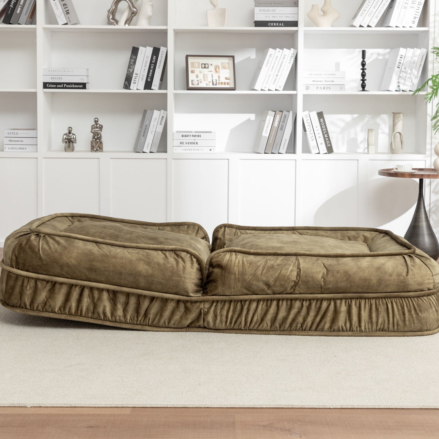 Upholstered Human Dog Bed And Pets Bean Bag Floor Sofa With Massage Pillow, 5 Adjustable Positions & 2 Soft Pillows Velvet With Foam And Iron Plastic Frame - Green