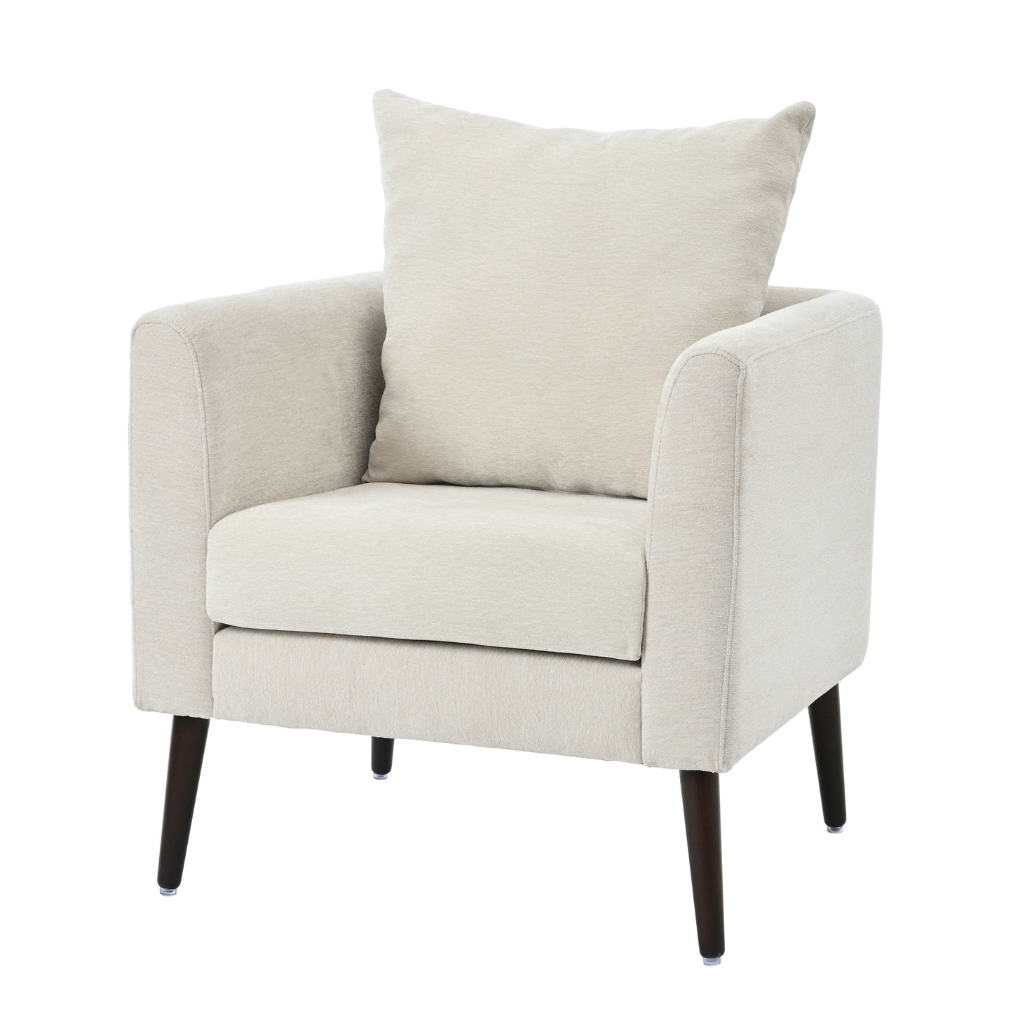Modern Chenille Accent Chair, Upholstered Armchair For Living Room, Mid Century Fabric Lounge Chair With Pillow, Comfortable Reading Chair With Wood Legs For Living Room, Reception Room - Beige