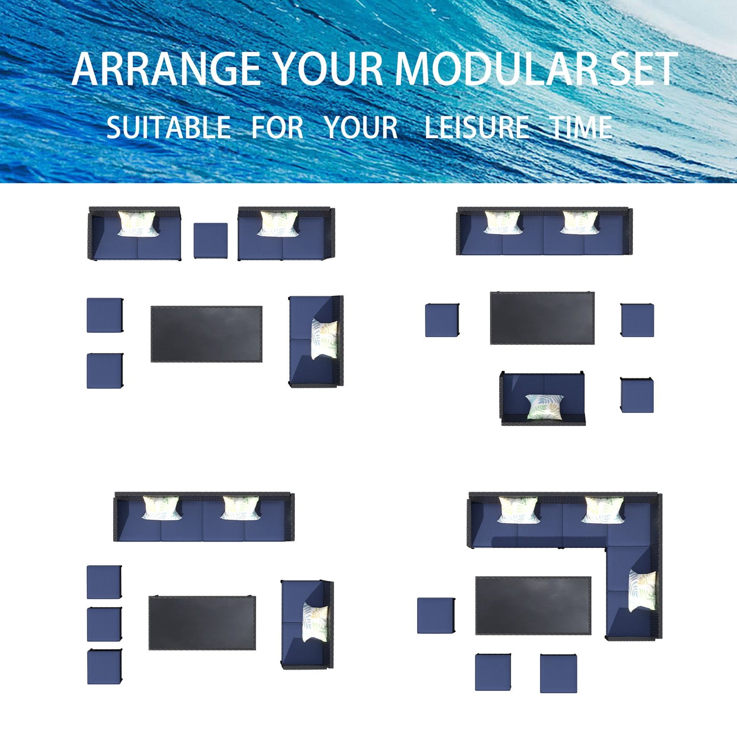 7 Piece Outdoor Furniture Set Waterproof Cushions Glass Table Space Saving - Blue