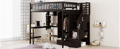 Full Size Loft Bed With Bookshelf, Drawers, Desk, And Wardrobe - Espresso